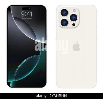 IPhone 16 pro max mockup. Lato anteriore e posteriore del telefono. iphone con schermo di mock-up di colore bianco intenso. Alta qualità. Presentazione ufficiale. Editoriale. Illustrazione Vettoriale