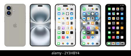 Nuovo iPhone 16 se grigio, Plus. Smartphone Apple inc. Con ios 15. Schermata bloccata, pagina di navigazione del telefono, home page con 47 app popolari. Editoriale. Illustrazione Vettoriale