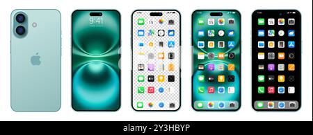 Nuovo iPhone 16 se verde, Plus. Smartphone Apple inc. Con ios 15. Schermata bloccata, pagina di navigazione del telefono, home page con 47 app popolari. Editoriale. Illustrazione Vettoriale