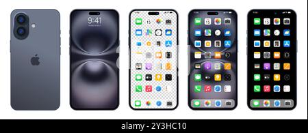 Nuovo iPhone 16 se nero e grigio, Plus. Smartphone Apple inc. Con ios 15. Schermata bloccata, pagina di navigazione del telefono, home page con 47 app popolari. Editoriale Illustrazione Vettoriale