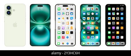 Nuovo iPhone 16 se verde, lime, Plus. Smartphone Apple inc. Con ios 15. Schermata bloccata, pagina di navigazione del telefono, home page con 47 app popolari. Editoriale Illustrazione Vettoriale
