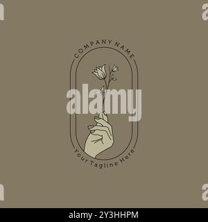 Logo vettoriale floreale disegnato a mano in uno stile minimal e femminile. Modello creativo con logo floreale line art per studio di design, spa, matrimonio, fiorista, bellezza Illustrazione Vettoriale