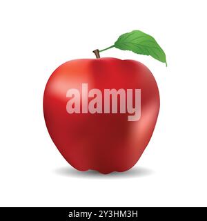 Illustrazione vettoriale di mela rossa realistica con foglia, isolata su sfondo bianco Illustrazione Vettoriale