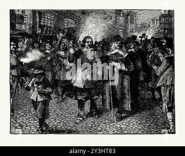 Una vecchia incisione di George Monck che cammina per le strade di Londra, Inghilterra, Regno Unito a metà degli anni '1600 È tratto da un libro di storia vittoriana del 1900 circa. George Monck, i duca di Albemarle (1608–1670) fu una figura militare di spicco. Era un comandante dell'esercito in Scozia, e il suo sostegno ai moderati in Parlamento che volevano restaurare la monarchia si dimostrò decisivo per Carlo II riconquistando il suo trono nel maggio 1660. Ha svolto un ruolo di leadership importante durante la grande peste di Londra del 1665, così come il grande incendio di Londra nel 1666. Foto Stock