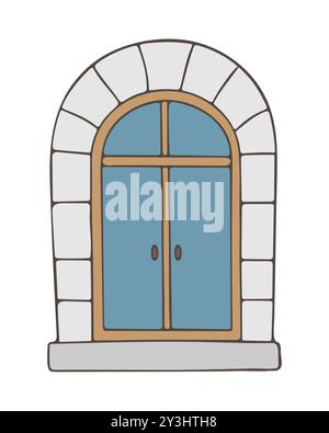 Porta in stile veneziano blu, doodle vintage disegnato a mano, porta antica in pietra isolata su sfondo bianco. Illustrazione vettoriale Illustrazione Vettoriale