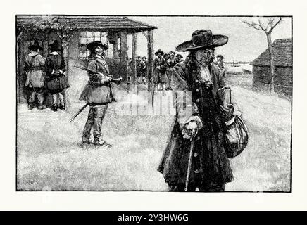 Una vecchia incisione di Roger Williams che è stato bandito dalla Massachusetts Bay Colony, Stati Uniti d'America nel 1635. È tratto da un libro di storia vittoriana del 1900 circa. Williams (1603 circa – marzo 1683) è stato un ministro puritano del New England, che fondò Providence Plantations, che in seguito divenne lo Stato del Rhode Island. Fu un convinto sostenitore della libertà religiosa e dei rapporti equi con i nativi americani. Nel 1635 Williams fu dichiarato colpevole di avere quattro opinioni pericolose. Williams fuggì dal Massachusetts prima che i pubblici ministeri potessero rimandarlo in Inghilterra. Foto Stock