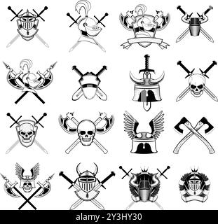 Il logo del cavaliere set. Cranio nel casco cornuta, assi incrociati, spade incrociate, Viking casco, protezione . I logo possono essere facilmente scomponibile in due elementi distinti. Illustrazione Vettoriale