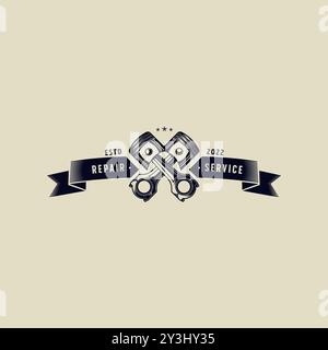 Logo meccanico illustrazione vettoriale in stile vintage, logo del servizio di riparazione auto Design con elemento pistone. Logo vintage disegnato a mano per l'assistenza automobilistica Illustrazione Vettoriale