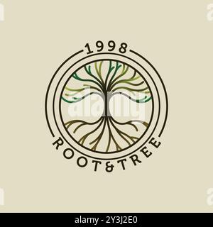 Vettore del logo della struttura della natura della linea astratta nel badge del cerchio. Design con logo Tree Flat Illustrazione Vettoriale