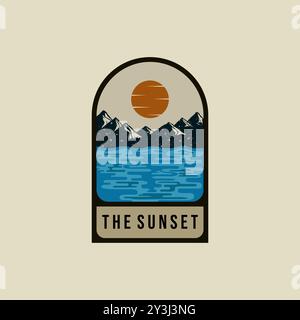 Design dell'illustrazione vettoriale con logo Mountain. Logo Sunset Vintage. Ispirazione per il logo creativo Sunrise on the Beach Illustrazione Vettoriale