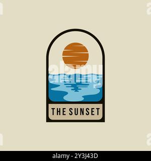Design dell'illustrazione vettoriale con logo Sunset. Logo Sunrise Vintage. Ispirazione per il logo creativo Sunset on the Beach Illustrazione Vettoriale