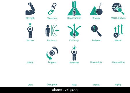 Set di icone SWOT. stile icona a tinta unita. icona relativa al business. forza, debolezza, opportunità e altro ancora. illustrazione vettoriale dell'elemento aziendale Illustrazione Vettoriale
