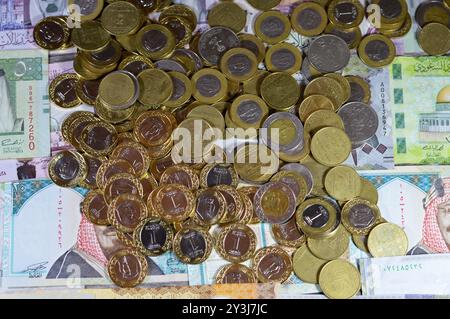 Monete di riyal saudita, 2, 1, mezza e un quarto di moneta su banconote in denaro saudita di riyal banconote, di diversi valori, moneta ed economia Foto Stock