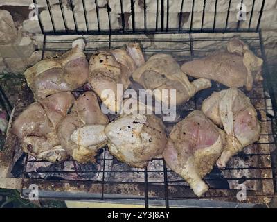 Quarti di pollo su griglia grigliati e grigliati con fiamma di carbone, grigliata di carne di pollo cotta su carbone, festa al barbecue di pollo Mesahab di notte, s. Foto Stock