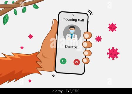 Mano di scimmia in possesso di un telefono cellulare con chiamata in arrivo dal medico relativo al virus Mpox o Monkeypox. Concetto di malattia da Mpox. Illustrazione vettoriale. Illustrazione Vettoriale