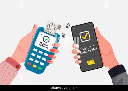 Cliente che effettua pagamenti senza contatto con la tecnologia NFC utilizzando uno smartphone presso il terminale di pagamento. Illustrazione vettoriale. Illustrazione Vettoriale