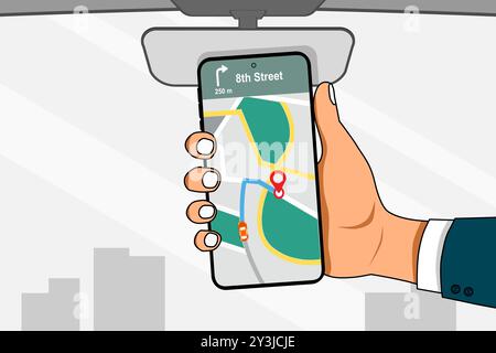 Mano di un uomo in un'auto con un telefono cellulare con una mappa di navigazione GPS. Illustrazione vettoriale. Illustrazione Vettoriale