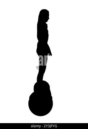 Silhouette di una ragazza in piedi su un segway fatta di linee nere isolate su uno sfondo bianco. Ragazza che guida un segway. Vista laterale. Illustrazione vettoriale. Illustrazione Vettoriale