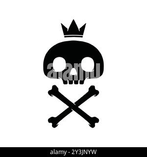 Illustrazione con il logo del teschio e delle ossa incrociate. Teschio semplice con logo corona, emblema vettoriale. Isolato su sfondo bianco. Illustrazione Vettoriale