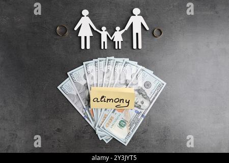 Biglietto con la parola Alimony, banconote da un dollaro, fedi nuziali e personaggi di famiglia su un tavolo grigio, piatto Foto Stock