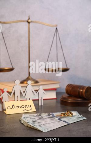 Biglietto con parola Alimony, banconote da dollari, personaggi di famiglia, martelletto di legno e scale su tavolo grigio Foto Stock