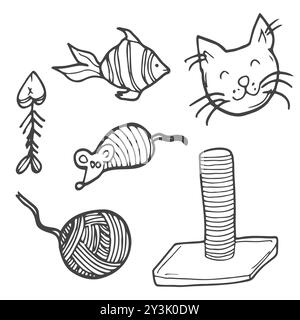 Accessori per gatti Doodle. Compleanno di un animale domestico, pesce, cupcake, muzzles, ghirlande con bandiere, cartolina, palle, archi tangle mouse Illustrazione Vettoriale