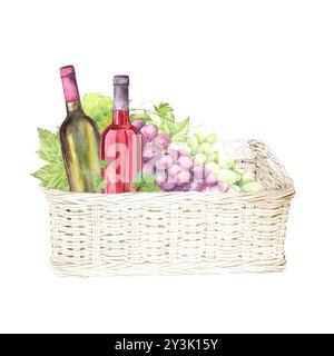 Set di vino e uva. Composizione di bottiglie di vino in vetro e di uva rosa e verde in un cesto. Illustrazione acquerello su sfondo bianco. Il disegno è disegnato a mano. Adatto per menu, carte, inviti e tessuti Foto Stock