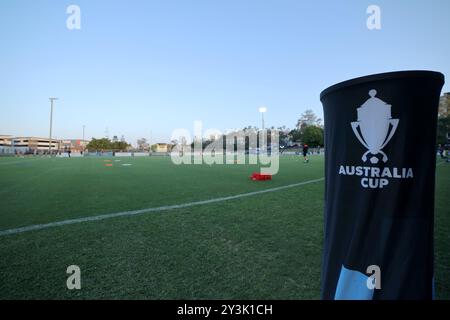 Brisbane, Australia. 14 settembre 2024. Perry Park, 14 settembre 2024: Il marchio dell'Australia Cup viene visto prima della partita tra Moreton City Excelsior e Melbourne Victory nei quarti di finale della Coppa Australia a Perry Park Matthew Starling (Promediapix/SPP) credito: SPP Sport Press Photo. /Alamy Live News Foto Stock