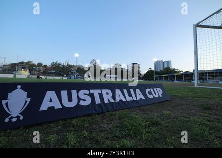 Brisbane, Australia. 14 settembre 2024. Perry Park, 14 settembre 2024: Il marchio dell'Australia Cup viene visto prima della partita tra Moreton City Excelsior e Melbourne Victory nei quarti di finale della Coppa Australia a Perry Park Matthew Starling (Promediapix/SPP) credito: SPP Sport Press Photo. /Alamy Live News Foto Stock