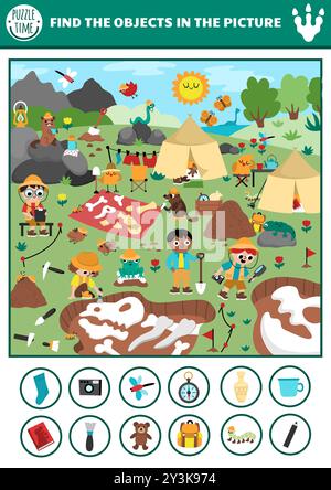 Ricerca di dinosauri vettoriali con paleontologo che scava il paesaggio del campo. Individuare gli oggetti nascosti nell'immagine. Lo scienziato preistorico cerca e trova una stampabile A. Illustrazione Vettoriale