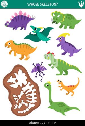 Attività di abbinamento dei dinosauri con animali carini e scheletro di triceratops. Puzzle preistorico con pterosauro, stegosauro. Abbina e fai il giro delle ossa. Illustrazione Vettoriale