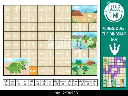 Labirinto logico di dinosauro per bambini con triceratops. Attività stampabile prescolare preistorica. Gioco a labirinto o puzzle con concetto di sinistra, destra, su, giù. Illustrazione Vettoriale