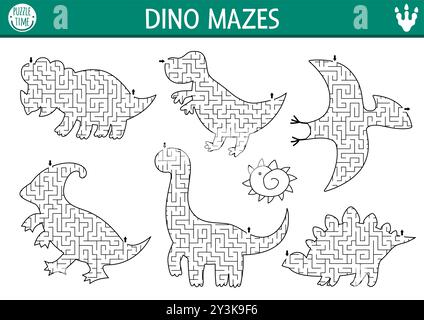 Set labirinto geometrico di dinosauro per bambini. Attività preistorica stampabile in età prescolare, a forma di triceratops, t-rex, pterosauro, stegosauro, brachiosauro. Cena Illustrazione Vettoriale