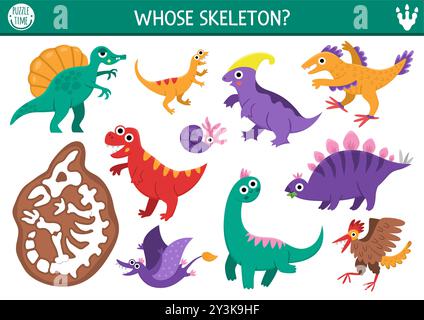 Attività di abbinamento dei dinosauri con animali carini e scheletro di triceratops. Puzzle preistorico con T-rex, velociraptor. Abbina e fai il giro delle ossa. D Illustrazione Vettoriale