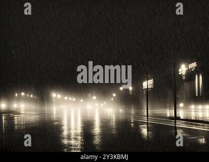 Riprendi l'immagine in stile nero di una strada bagnata sotto la pioggia di notte con i fari del veicolo e gli edifici circostanti riflessi sulla superficie Foto Stock