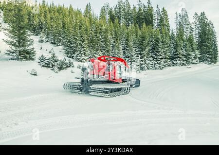 Immagina con un moderno spandiconcime vicino a una foresta innevata, nelle Alpi austriache, vicino al villaggio di Ehrwald Foto Stock