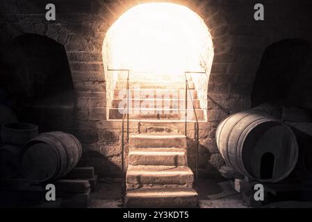 Un fascio luminoso che scende attraverso l'ingresso di una cantina d'annata, illuminando le scale di pietra e le vecchie botti di legno Foto Stock