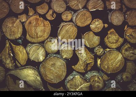 Splendido sfondo con una pila di tronchi di legno pronti per essere tritati, dettagli perfetti sugli anelli e le curve dell'albero Foto Stock