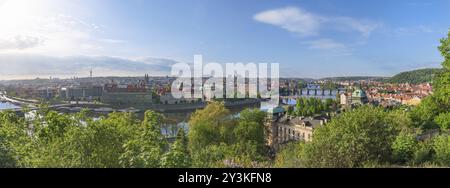 Panorama con la splendida città di Praga, capitale della Repubblica Ceca, circondata da una foresta verde, attraversata dal fiume Moldava in una giornata di sole d'estate Foto Stock