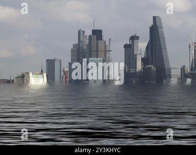 Immagine concettuale manipolata della città di londra con edifici inondati a causa del riscaldamento globale e dell'innalzamento del livello del mare Foto Stock