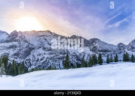 Incantevole paesaggio invernale con le vette rocciose delle Alpi austriache montagne, i loro sempreverdi foreste di abeti e i pascoli coperti di neve tutto wa Foto Stock