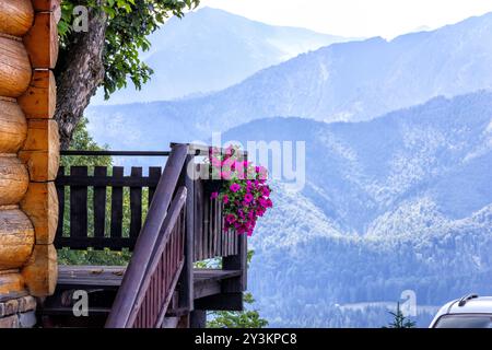 stazione sciistica in montagna in estate con una splendida vista sulle montagne vicino alla casa con un cestino di fiori Foto Stock