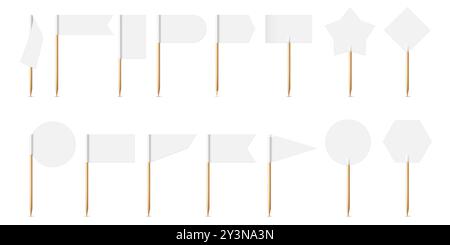 Bandiere stuzzicadenti. Bandiere bianche realistiche in 3D su stuzzicadenti in legno di varie forme. Pennant decorativi, indicatore di posizione, set di vettori puntatore mappa. Illustrazione Vettoriale