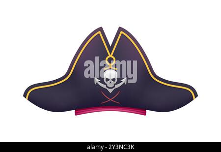 Cappello da pirata cartoni animati, capitano corsaro tricorn. Copricapo vettoriale con teschio Jolly roger e emblema dell'ancora. Cappello, copricapo, berretto da marinaio isolato buccaneer. Costume da festa pirateria filibuster Illustrazione Vettoriale