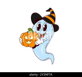 Personaggio fantasma di Halloween cartoni animati con zucca in cappello da strega, vettoriale divertente boo. Festa di Halloween e scherzo notturno dell'orrore personaggio di un fantasma funky con spaventoso mostro di zucca Illustrazione Vettoriale
