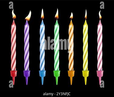 Candele realistiche a righe di compleanno con fiamma. Candele per torte di compleanno bruciate. Candlelight 3d realistico per il set vettoriale per festeggiare l'anniversario. Illustrazione Vettoriale