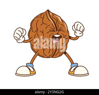 Il personaggio cartoni animati noce soave sorride e si flette i muscoli, mostrando vibrazioni forti, salutari ed energiche. Un vivace personaggio vettoriale isolato in legno di noce che indossa guanti e scarpe da ginnastica Illustrazione Vettoriale