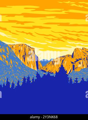 WPA poster art of the Wawona Tunnel View of Yosemite Valley, El Capitan, Bridalveil Fall nel Yosemite National Park, California USA, realizzato in Works proje Illustrazione Vettoriale