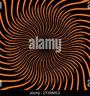 Schema a spirale ipnotico di Halloween psichedelico con vortici ipnosi, sfondo vettoriale. Tunnel a spirale ipnotico con effetto illusorio ottico delle linee nere arancioni di Halloween sulla deformazione del tunnel spaziale psichedelico Illustrazione Vettoriale