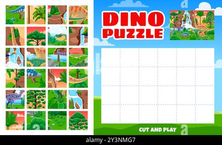 Animali puzzle gioco di logica per bambini con dinosauri preistorici. L'enigma vettoriale divertente e coinvolgente, con pezzi separati con un dinosauro, incoraggiando i bambini a tagliare e giocare per assemblare il quadro completo Illustrazione Vettoriale